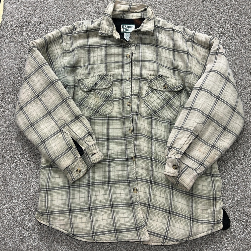 Vintage Ozark Trail Jacket Mens XLT Beige Plaid Flannel Lined Button Quilted